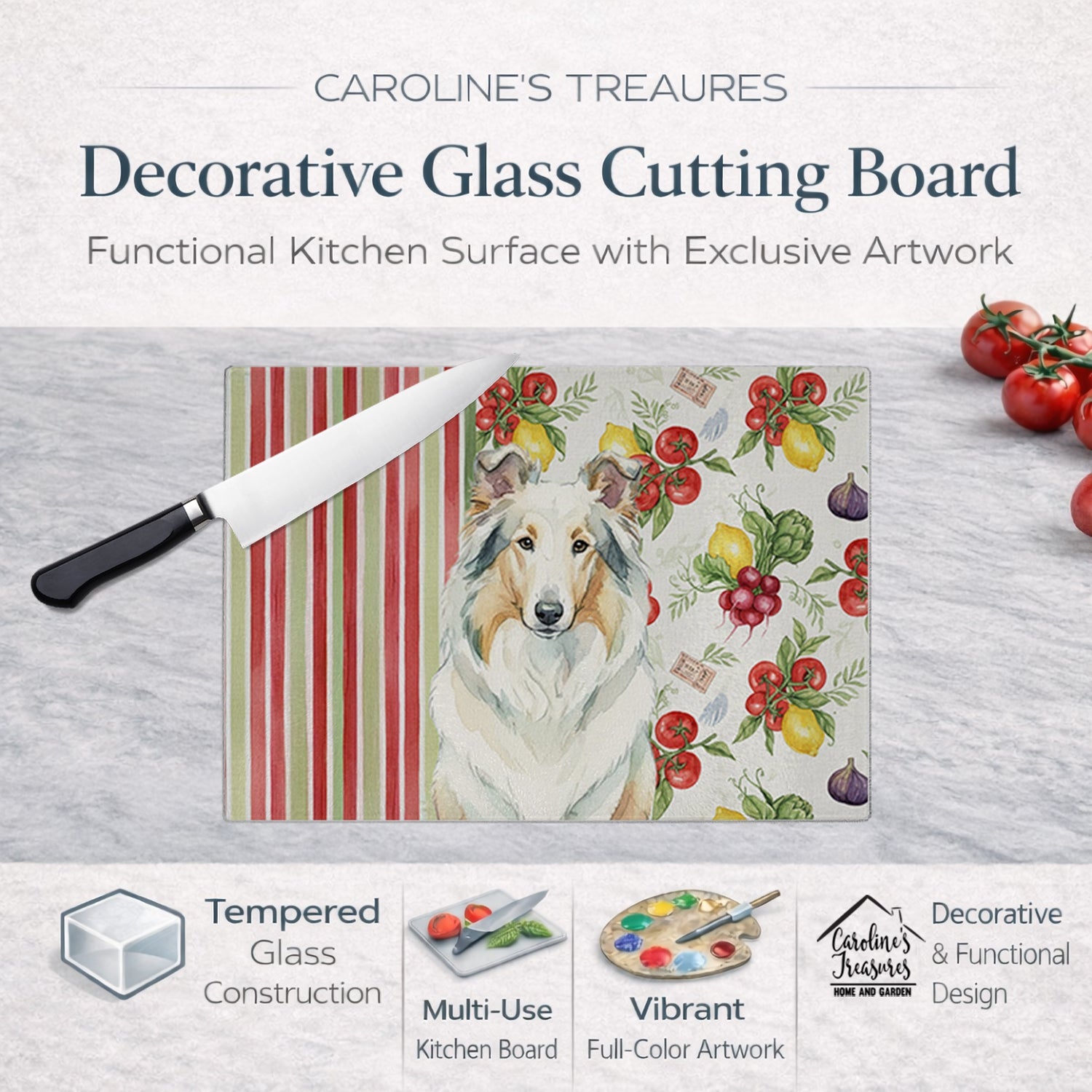 White Collie Vegetables Cutting Board Tempered Glass Kitchen Cutting Surface, Heat Resistant Chopping, Non-Slip Feet, Food Prep & Serving