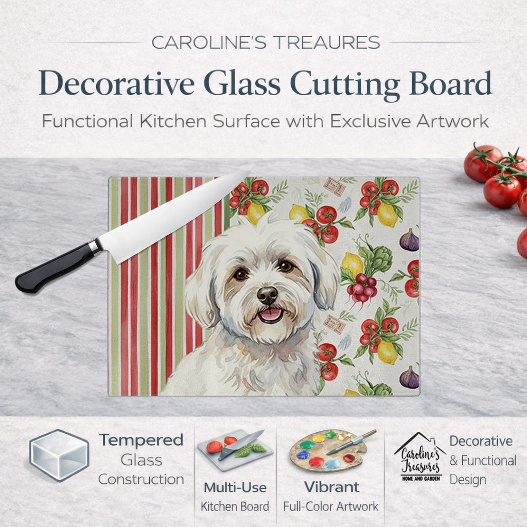 Coton de Tulear Vegetables Cutting Board Tempered Glass Kitchen Cutting Surface, Heat Resistant Chopping, Non-Slip Feet, Food Prep & Serving