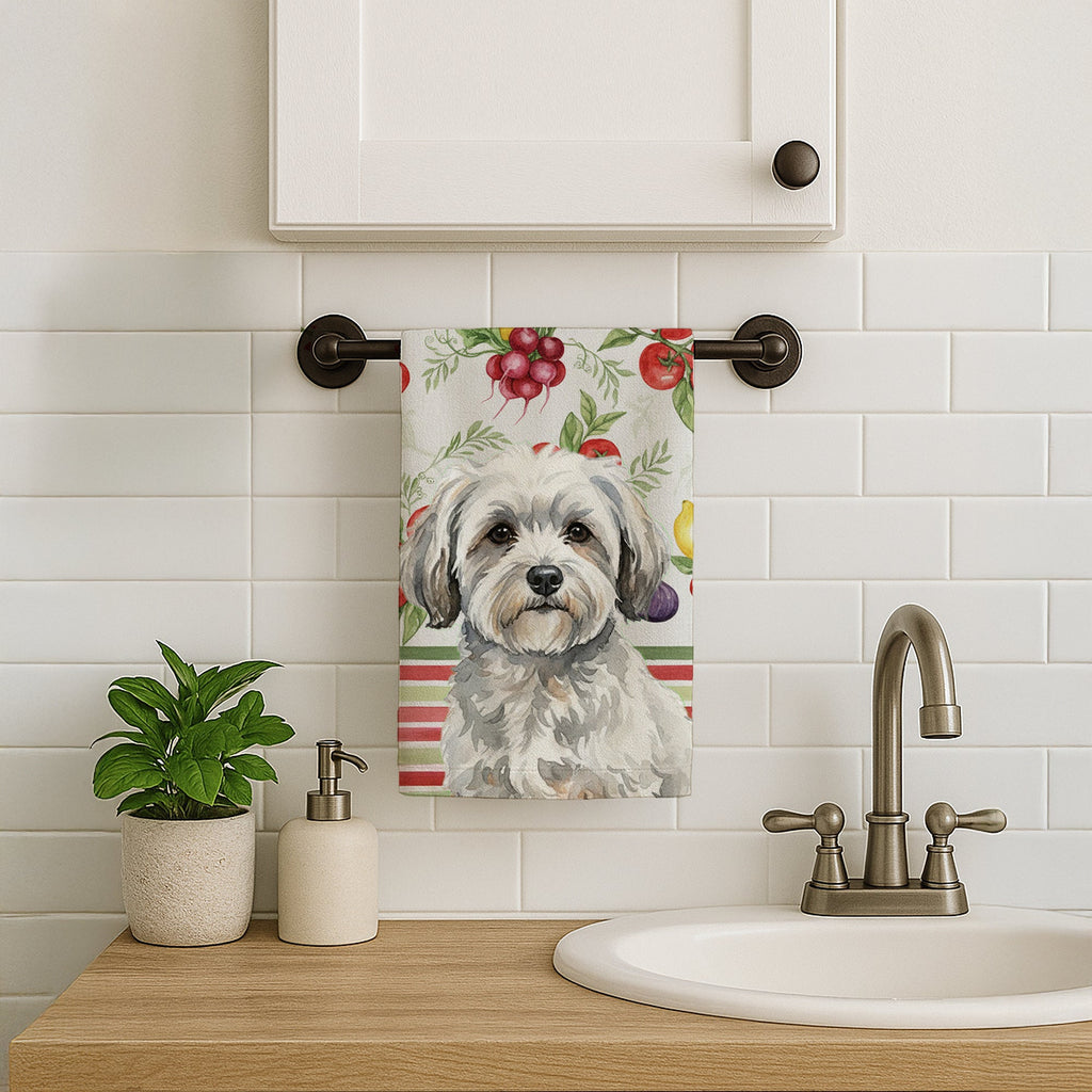 White with Gray Coton de Tulear Vegetables Kitchen Towel Velour Plush Front and Cotton Loop Back Machine Washable