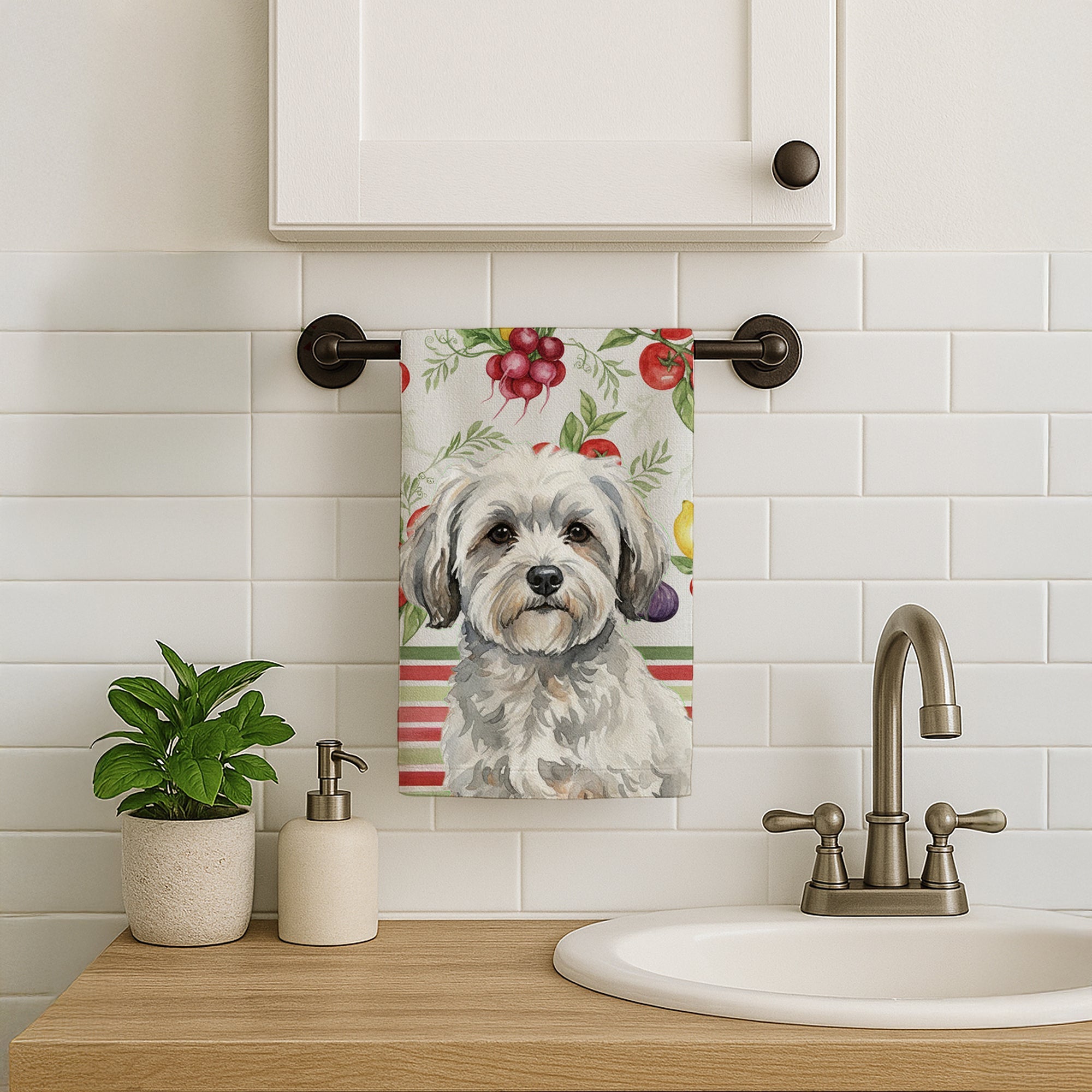 White with Gray Coton de Tulear Vegetables Kitchen Towel Velour Plush Front and Cotton Loop Back Machine Washable
