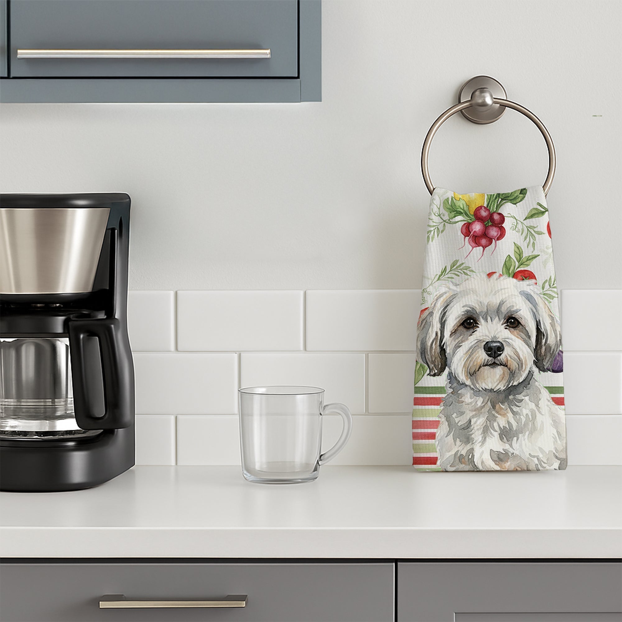 White with Gray Coton de Tulear Vegetables Kitchen Towel Velour Plush Front and Cotton Loop Back Machine Washable