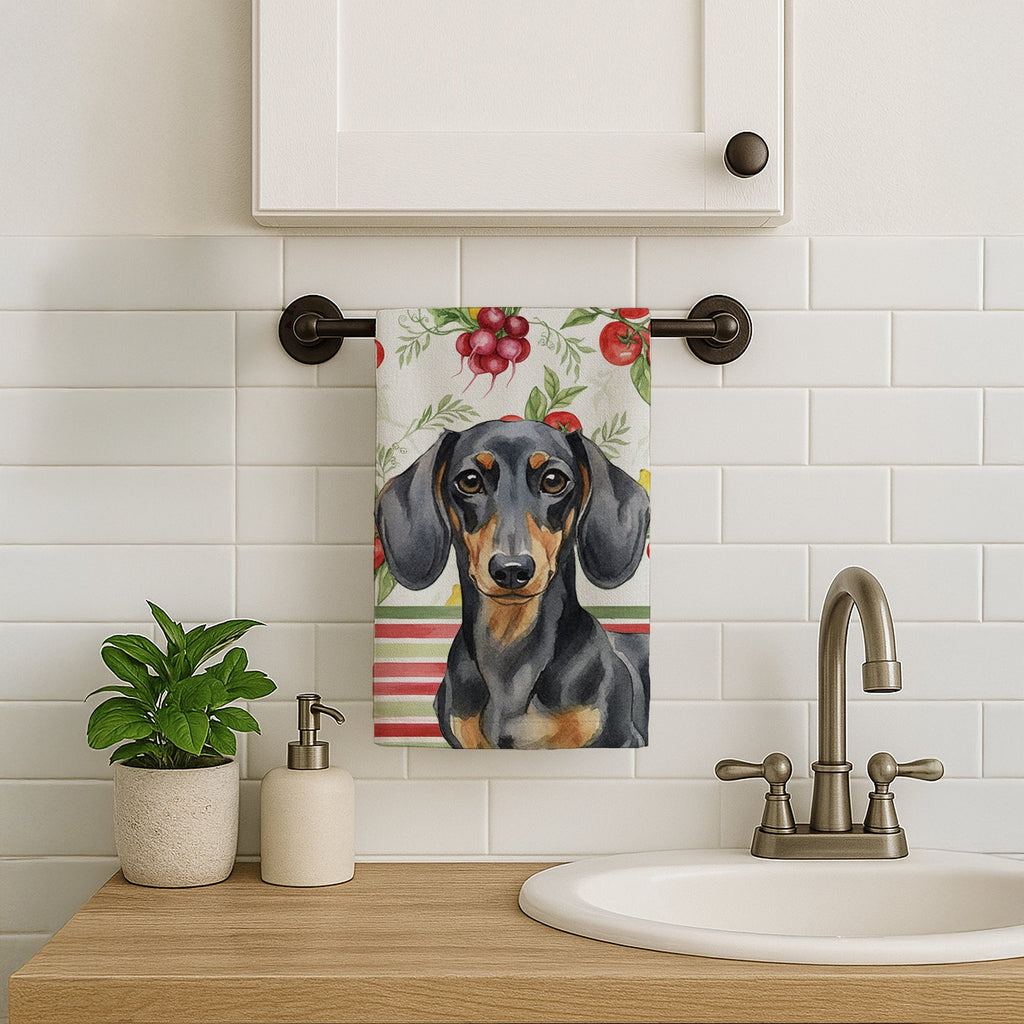 Black and Tan Dachshund Vegetables Kitchen Towel Velour Plush Front and Cotton Loop Back Machine Washable