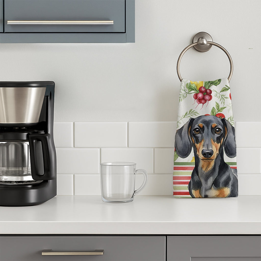 Black and Tan Dachshund Vegetables Kitchen Towel Velour Plush Front and Cotton Loop Back Machine Washable