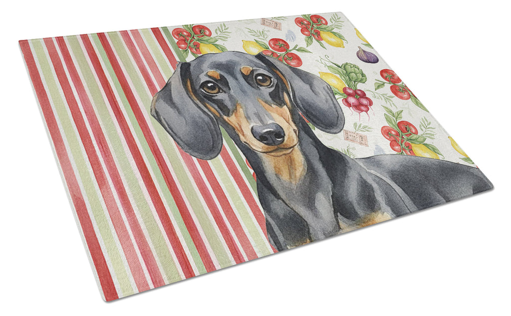 Black and Tan Dachshund Vegetables Cutting Board Tempered Glass Kitchen Cutting Surface, Heat Resistant Chopping, Non-Slip Feet, Food Prep & Serving