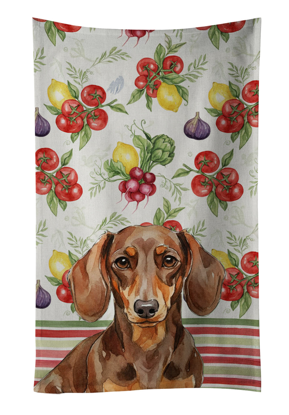 Chocolate and Tan Dachshund Vegetables Kitchen Towel Velour Plush Front and Cotton Loop Back Machine Washable