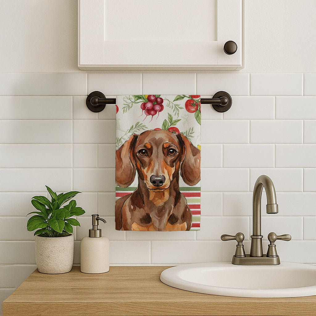 Chocolate and Tan Dachshund Vegetables Kitchen Towel Velour Plush Front and Cotton Loop Back Machine Washable