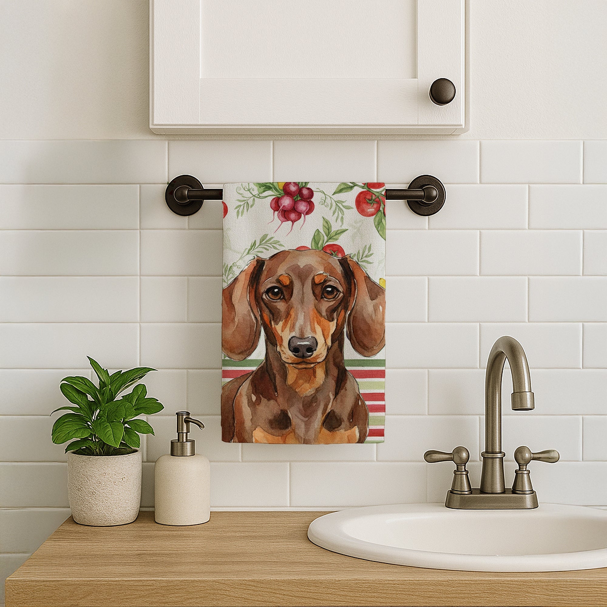 Chocolate and Tan Dachshund Vegetables Kitchen Towel Velour Plush Front and Cotton Loop Back Machine Washable