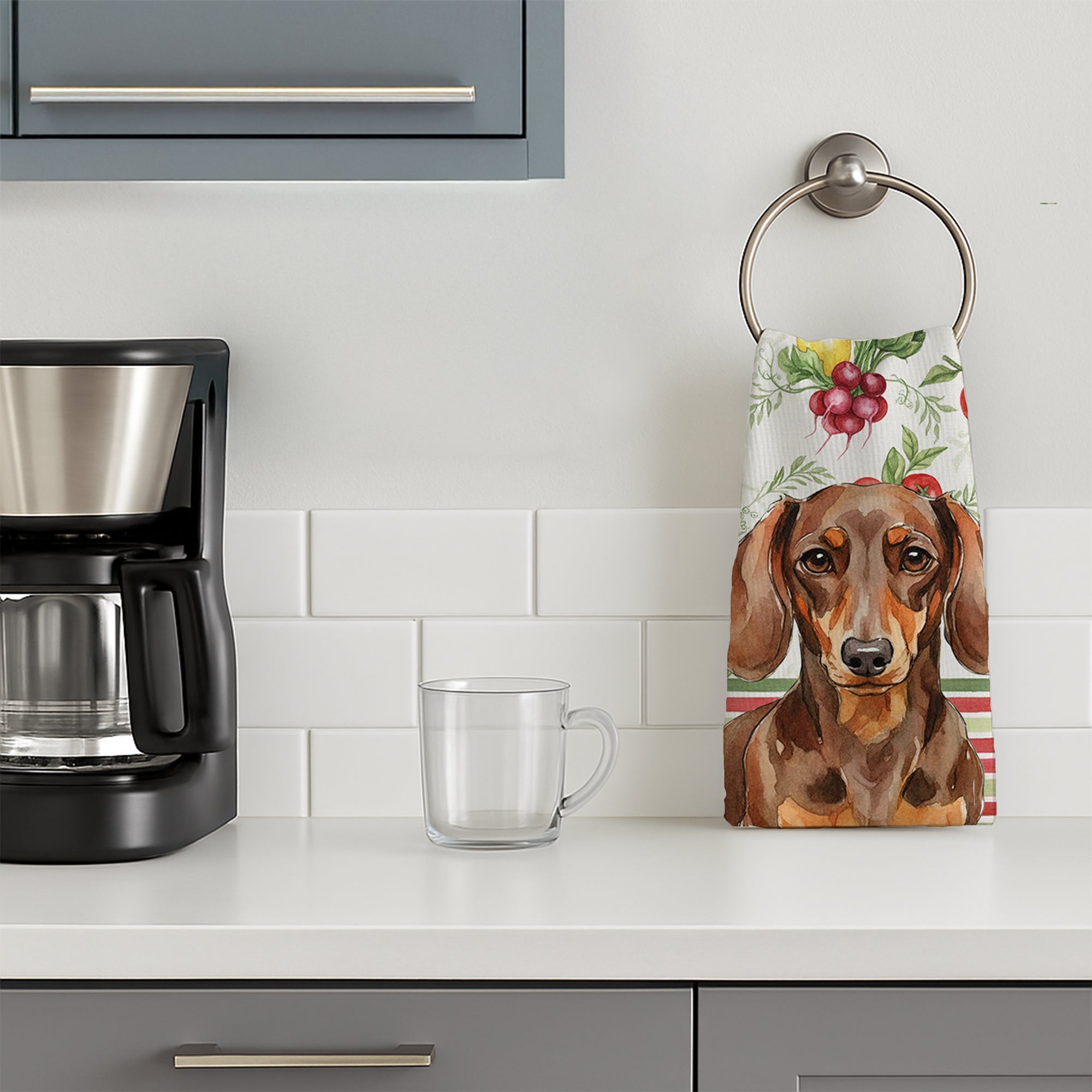 Chocolate and Tan Dachshund Vegetables Kitchen Towel Velour Plush Front and Cotton Loop Back Machine Washable