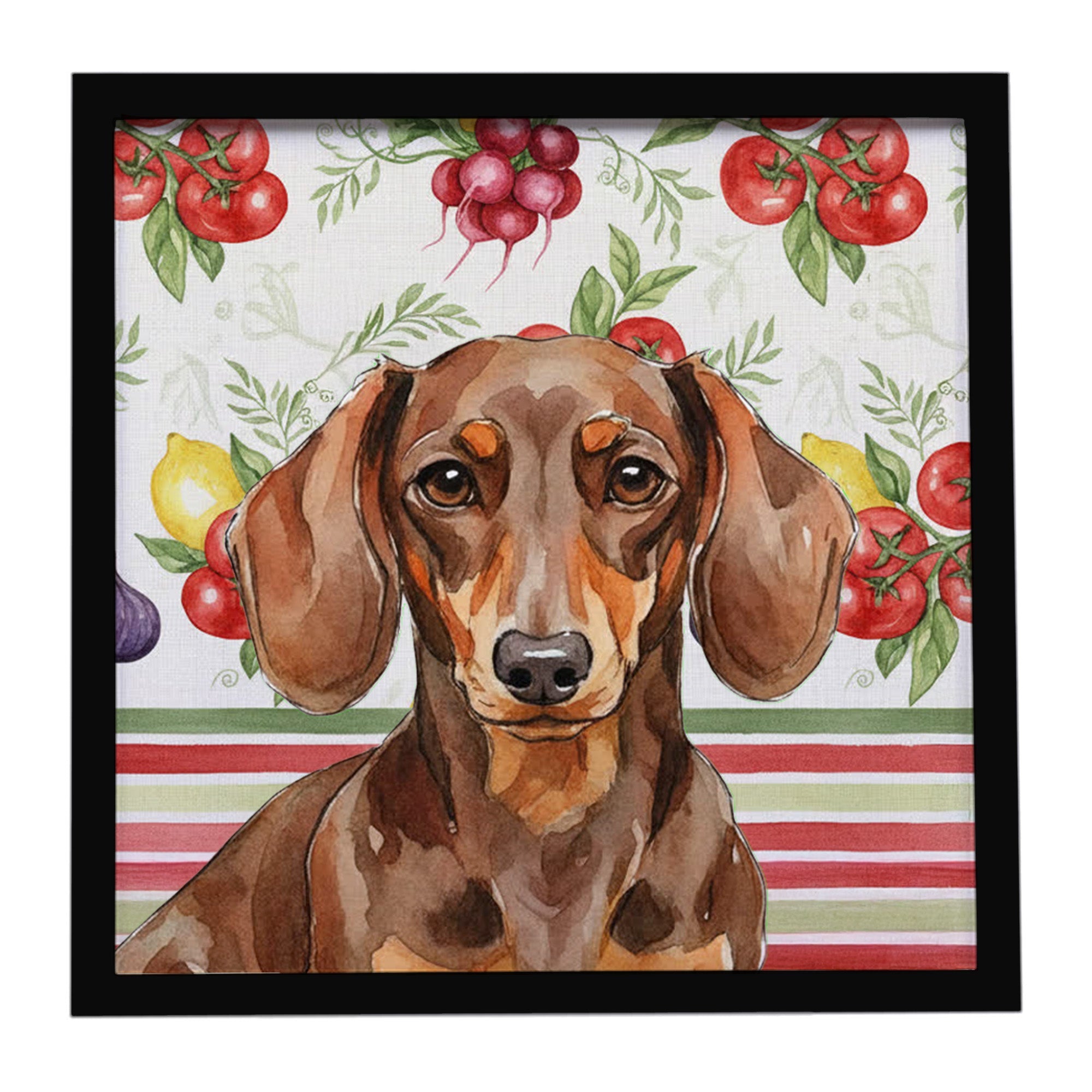 Chocolate and Tan Dachshund Vegetables Framed Metal Print Bathroom, Kitchen, Office, Home Decor Wall Art Ready to Hang, Square, 8X8