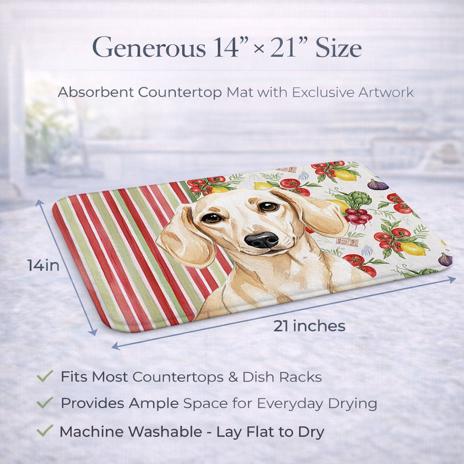 Cream Dachshund Vegetables Dish Drying Mat Absorbent Dish Drying Mat Pad for Kitchen Counter Dish Drainer Mat for Countertop, 14 x 21", Multicolor