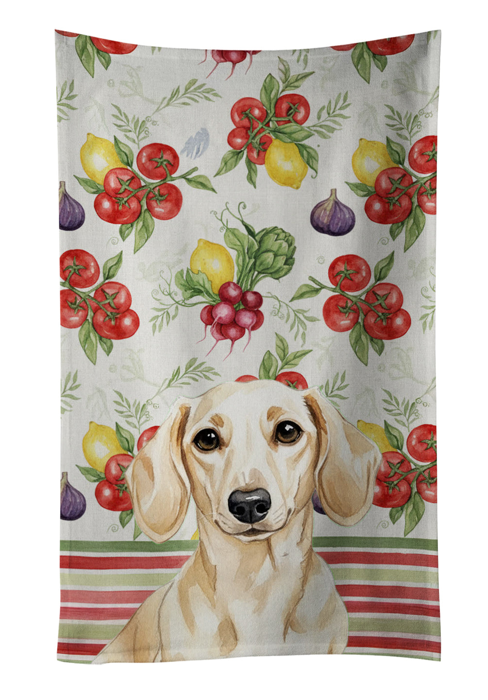 Cream Dachshund Vegetables Kitchen Towel Velour Plush Front and Cotton Loop Back Machine Washable