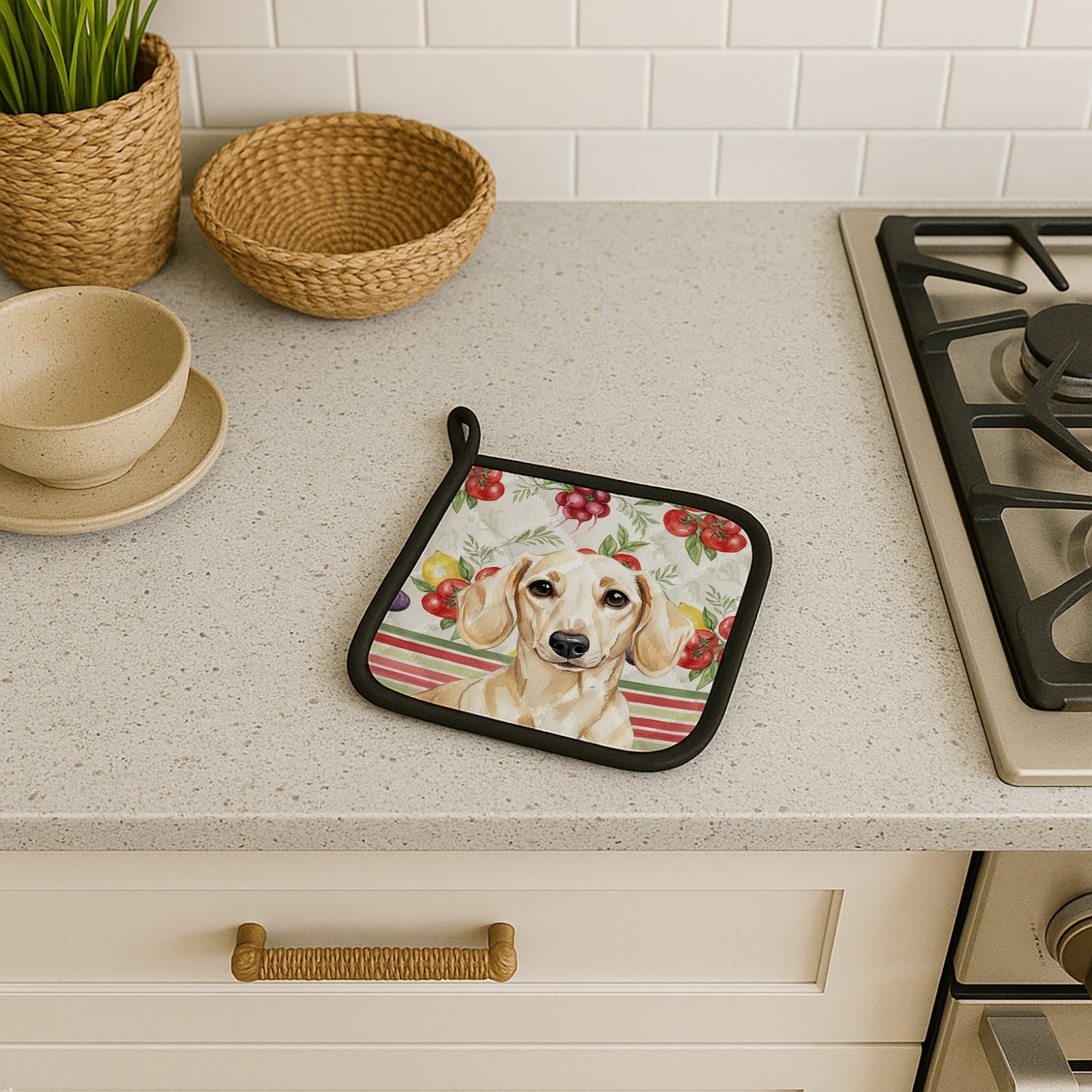 Cream Dachshund Vegetables Pot Holder Set of 2 Heat Resistant Quilted Hot Pads 7.5 x 7.5 Inch, Insulated Kitchen Trivets for Cooking & Baking