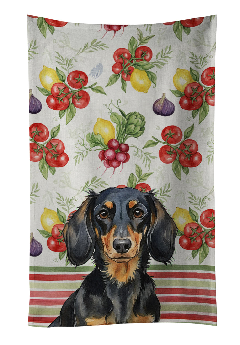 Longhaired Black and Tan Dachshund Vegetables Kitchen Towel Velour Plush Front and Cotton Loop Back Machine Washable