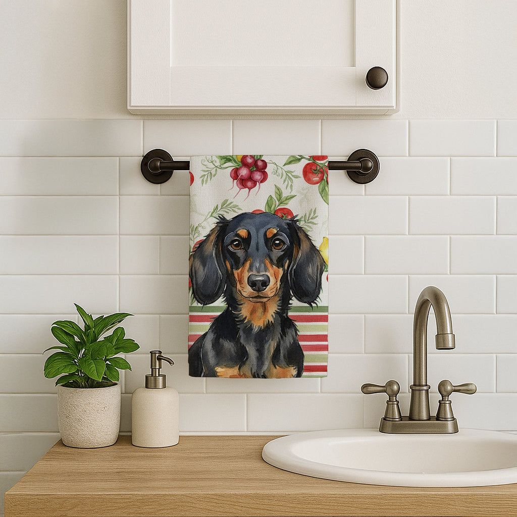 Longhaired Black and Tan Dachshund Vegetables Kitchen Towel Velour Plush Front and Cotton Loop Back Machine Washable