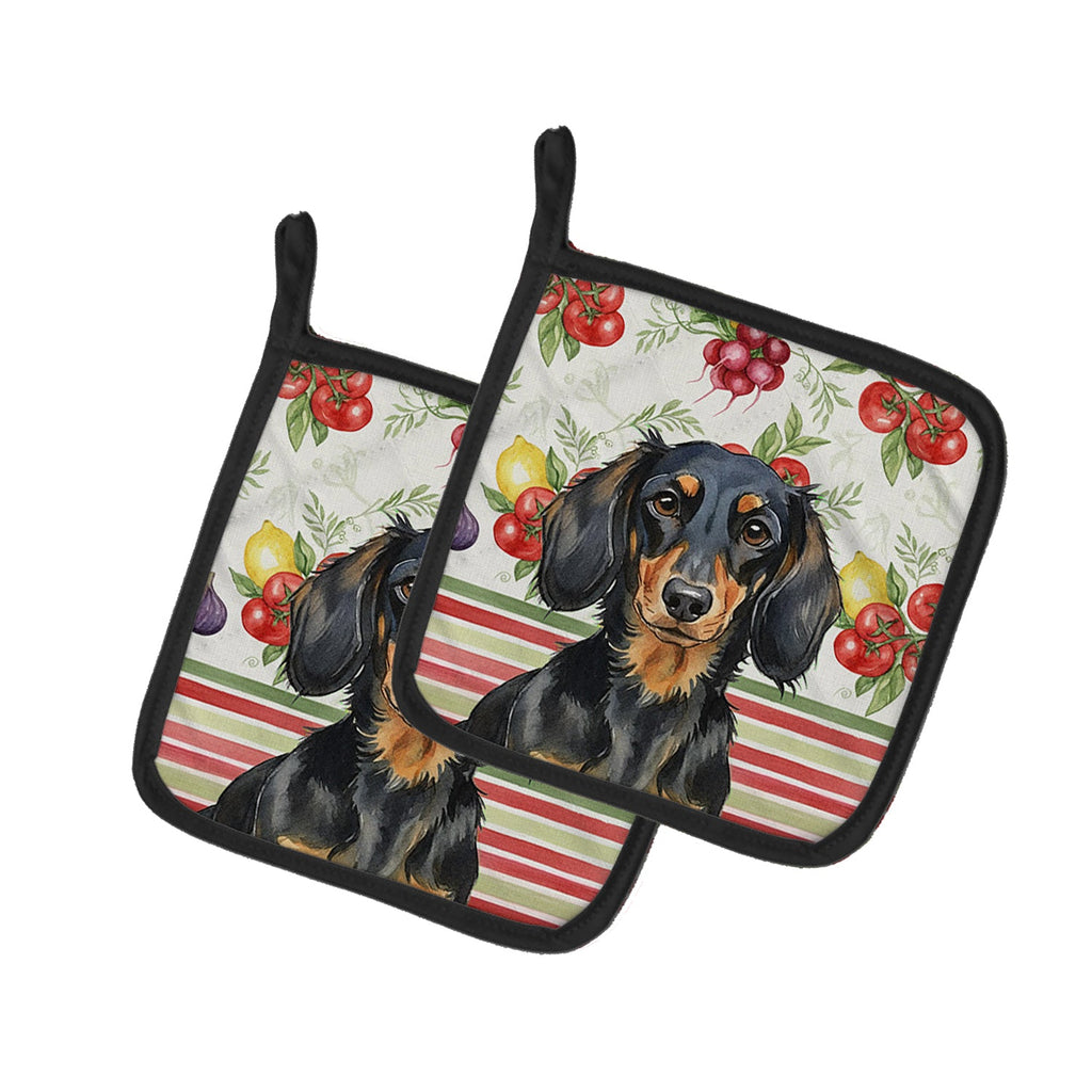 Longhaired Black and Tan Dachshund Vegetables Pot Holder Set of 2 Heat Resistant Quilted Hot Pads 7.5 x 7.5 Inch, Insulated Kitchen Trivets for Cooking & Baking