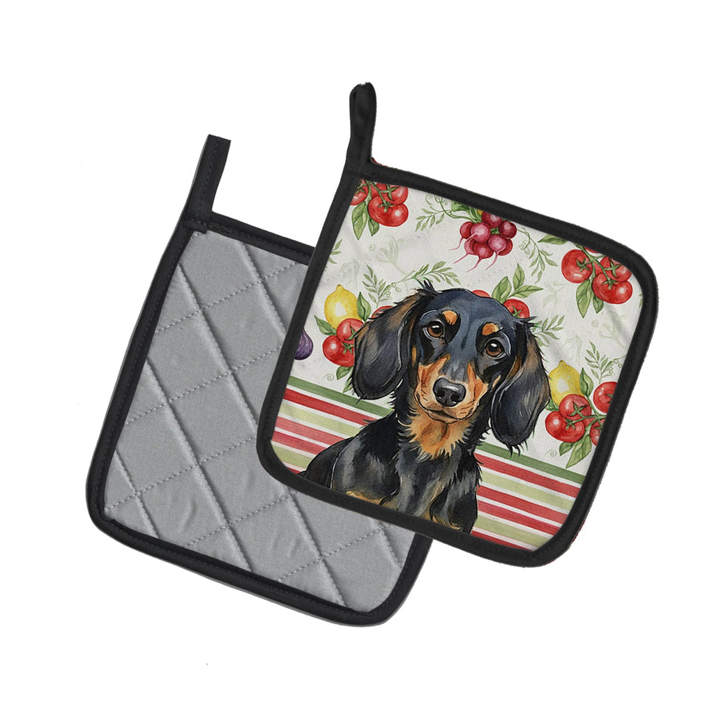 Longhaired Black and Tan Dachshund Vegetables Pot Holder Set of 2 Heat Resistant Quilted Hot Pads 7.5 x 7.5 Inch, Insulated Kitchen Trivets for Cooking & Baking