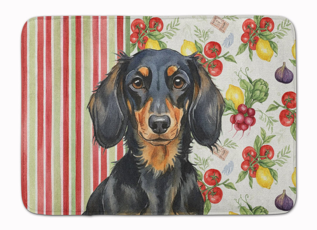 Longhaired Black and Tan Dachshund Vegetables Memory Foam Kitchen Mat Machine Washable Anti-Fatigue Cushion Comfort Bath or Kitchen Rug