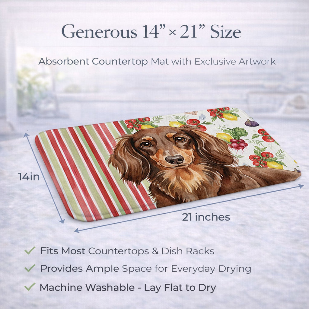 Longhaired Chocolate and Tan Dachshund Vegetables Dish Drying Mat Absorbent Dish Drying Mat Pad for Kitchen Counter Dish Drainer Mat for Countertop, 14 x 21", Multicolor