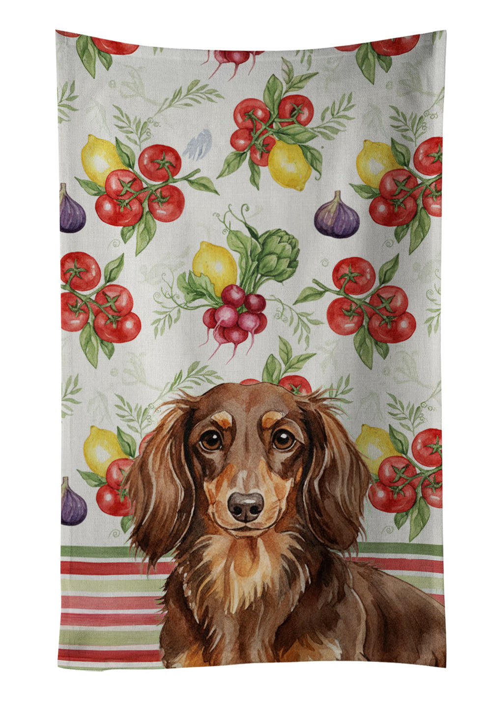 Longhaired Chocolate and Tan Dachshund Vegetables Kitchen Towel Velour Plush Front and Cotton Loop Back Machine Washable