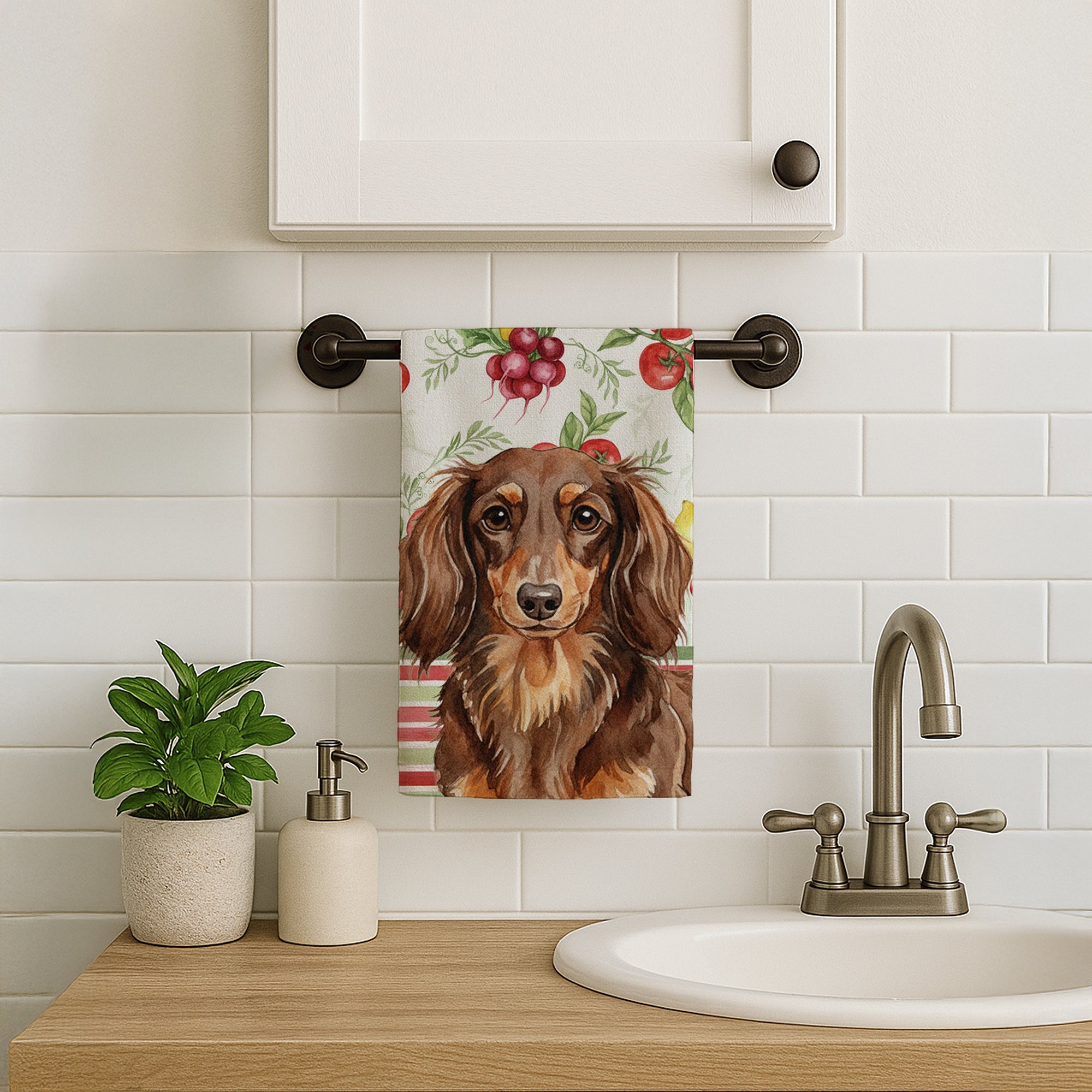 Longhaired Chocolate and Tan Dachshund Vegetables Kitchen Towel Velour Plush Front and Cotton Loop Back Machine Washable
