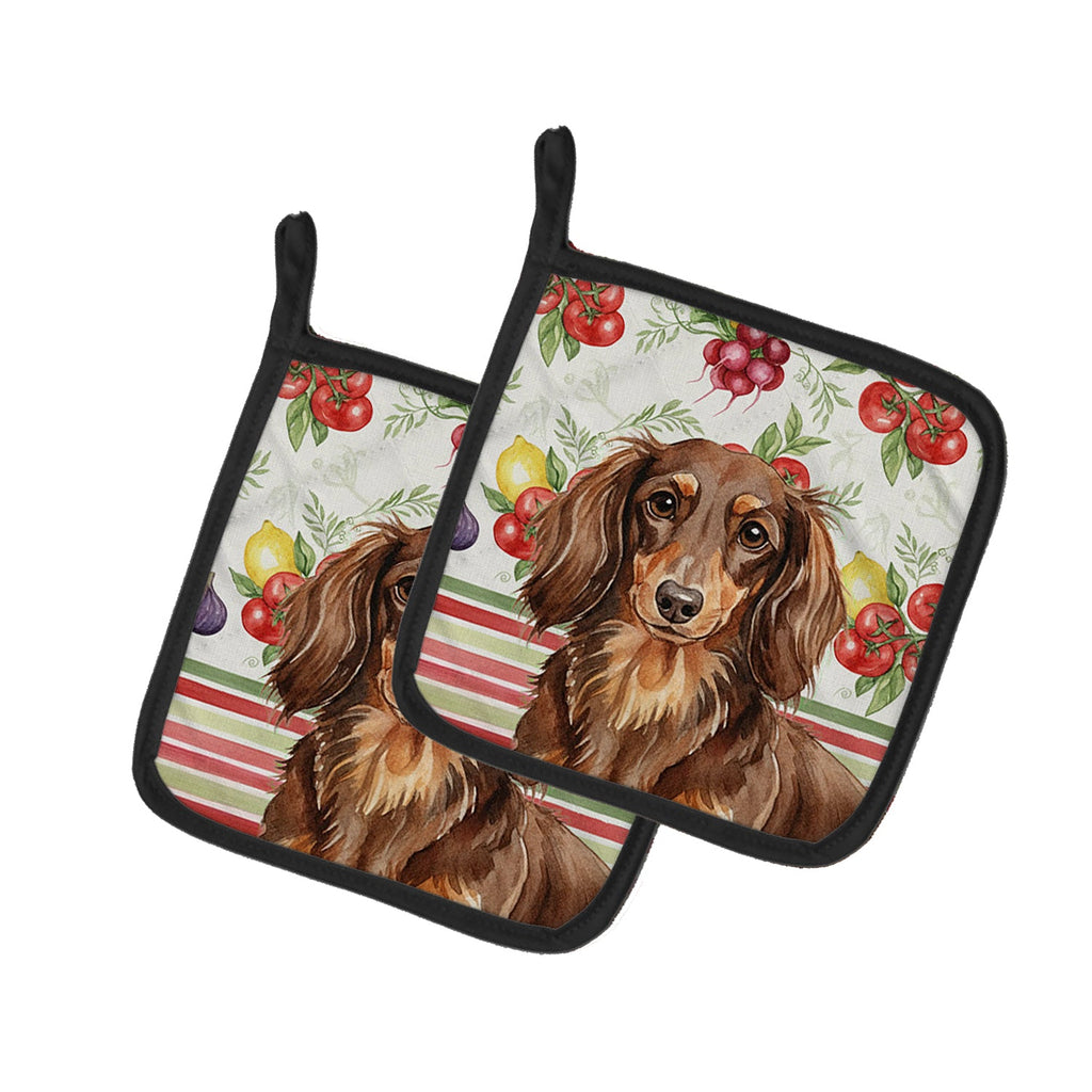 Longhaired Chocolate and Tan Dachshund Vegetables Pot Holder Set of 2 Heat Resistant Quilted Hot Pads 7.5 x 7.5 Inch, Insulated Kitchen Trivets for Cooking & Baking