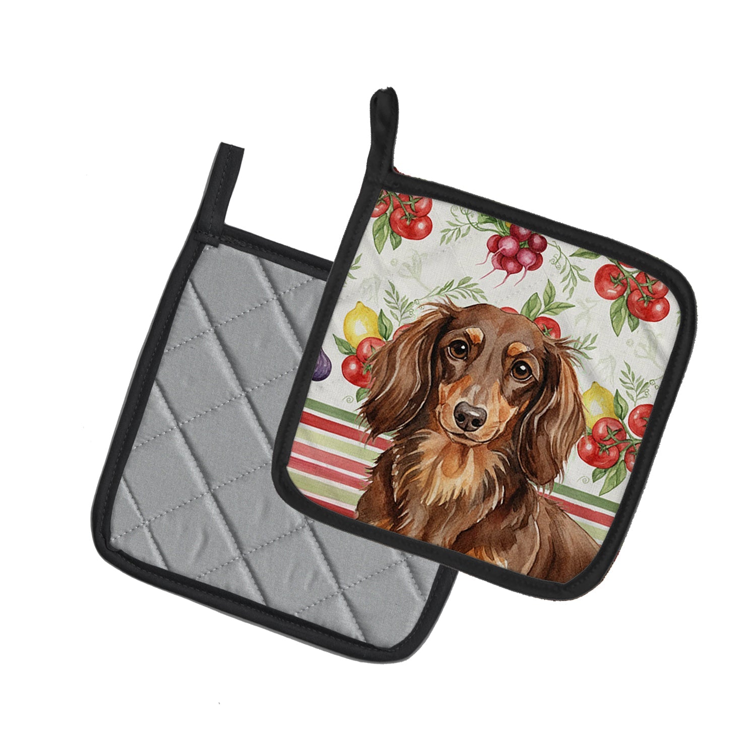 Longhaired Chocolate and Tan Dachshund Vegetables Pot Holder Set of 2 Heat Resistant Quilted Hot Pads 7.5 x 7.5 Inch, Insulated Kitchen Trivets for Cooking & Baking