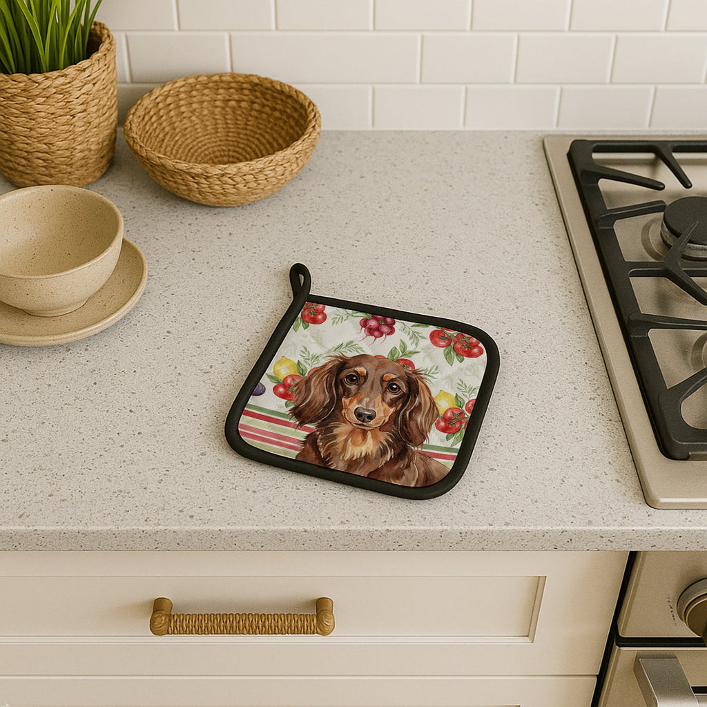 Longhaired Chocolate and Tan Dachshund Vegetables Pot Holder Set of 2 Heat Resistant Quilted Hot Pads 7.5 x 7.5 Inch, Insulated Kitchen Trivets for Cooking & Baking