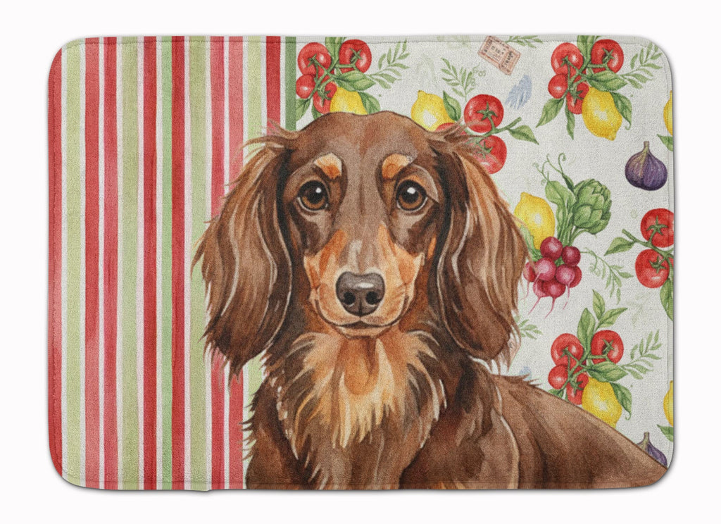 Longhaired Chocolate and Tan Dachshund Vegetables Memory Foam Kitchen Mat Machine Washable Anti-Fatigue Cushion Comfort Bath or Kitchen Rug