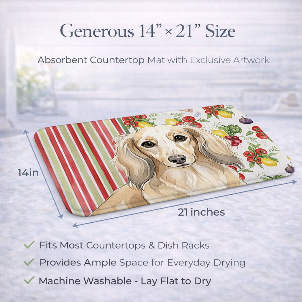 Longhaired Cream Dachshund Vegetables Dish Drying Mat Absorbent Dish Drying Mat Pad for Kitchen Counter Dish Drainer Mat for Countertop, 14 x 21", Multicolor