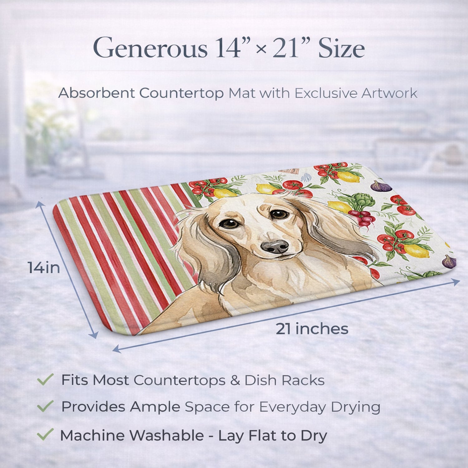 Longhaired Cream Dachshund Vegetables Dish Drying Mat Absorbent Dish Drying Mat Pad for Kitchen Counter Dish Drainer Mat for Countertop, 14 x 21", Multicolor