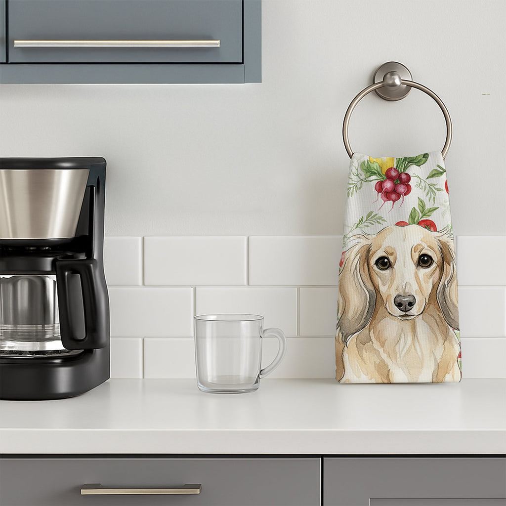 Longhaired Cream Dachshund Vegetables Kitchen Towel Velour Plush Front and Cotton Loop Back Machine Washable