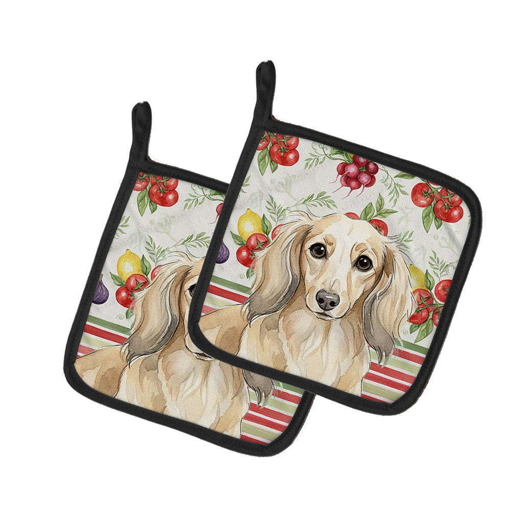 Longhaired Cream Dachshund Vegetables Pot Holder Set of 2 Heat Resistant Quilted Hot Pads 7.5 x 7.5 Inch, Insulated Kitchen Trivets for Cooking & Baking