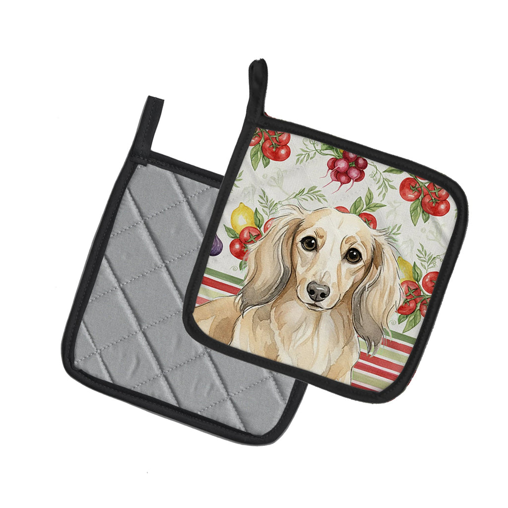 Longhaired Cream Dachshund Vegetables Pot Holder Set of 2 Heat Resistant Quilted Hot Pads 7.5 x 7.5 Inch, Insulated Kitchen Trivets for Cooking & Baking