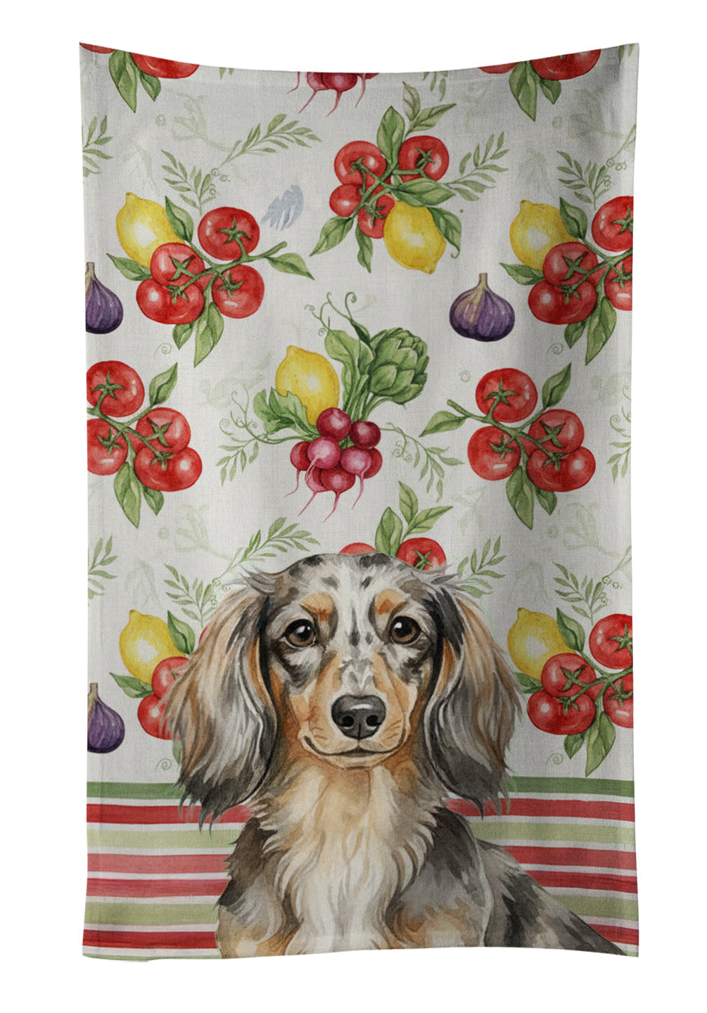Longhaired Dapple Dachshund Vegetables Kitchen Towel Velour Plush Front and Cotton Loop Back Machine Washable