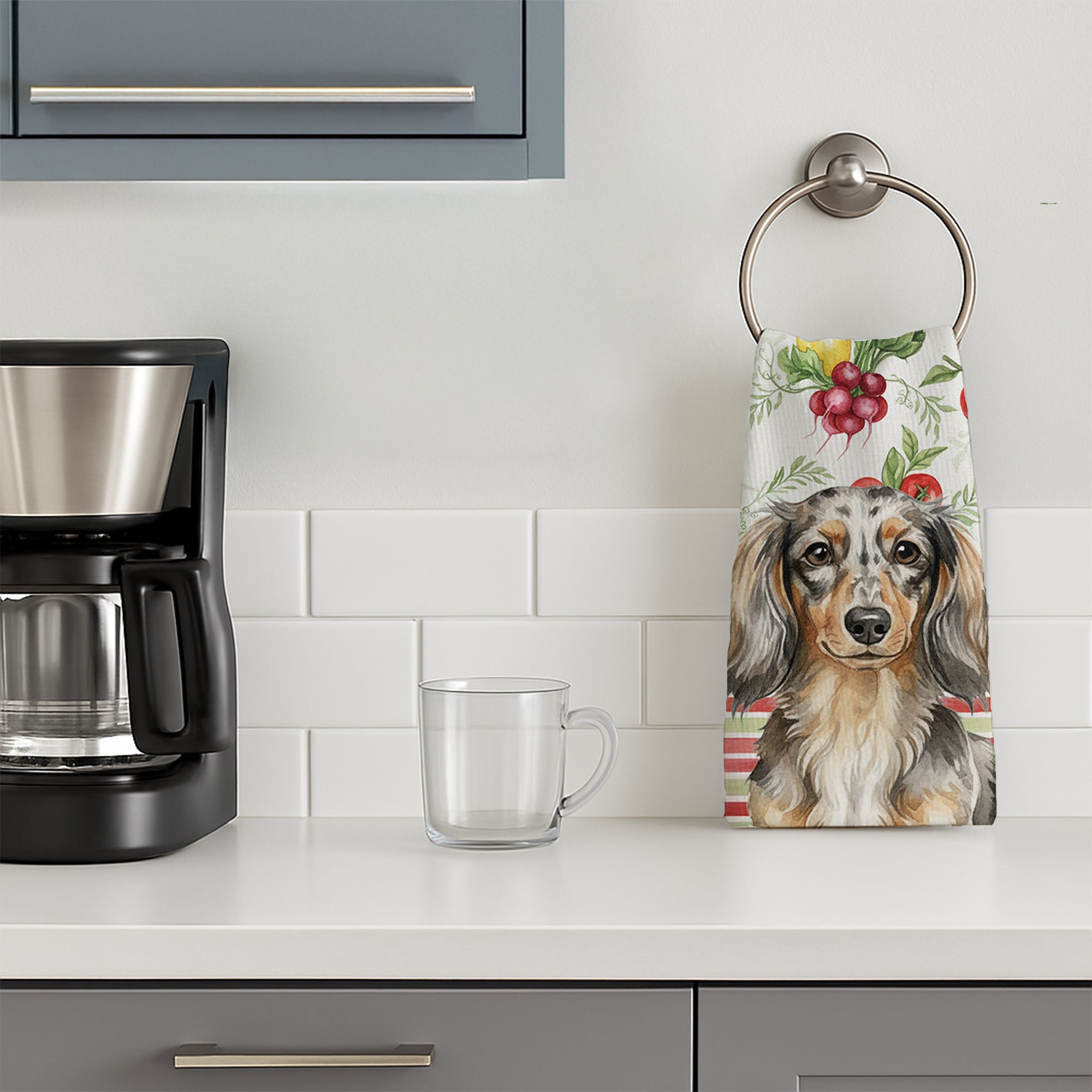 Longhaired Dapple Dachshund Vegetables Kitchen Towel Velour Plush Front and Cotton Loop Back Machine Washable