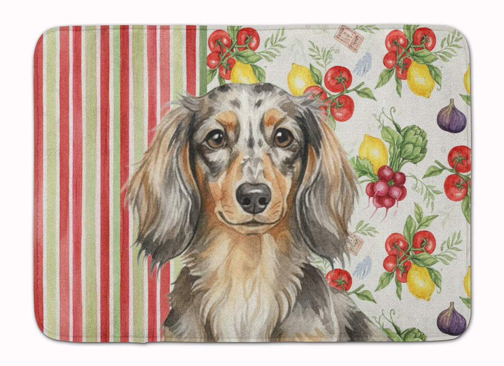 Longhaired Dapple Dachshund Vegetables Memory Foam Kitchen Mat Machine Washable Anti-Fatigue Cushion Comfort Bath or Kitchen Rug