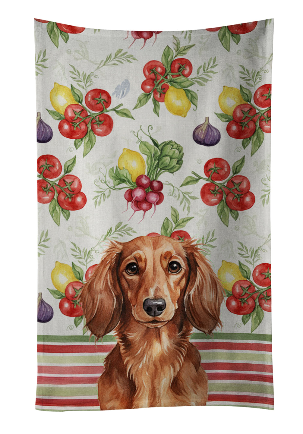 Longhaired Red Dachshund Vegetables Kitchen Towel Velour Plush Front and Cotton Loop Back Machine Washable