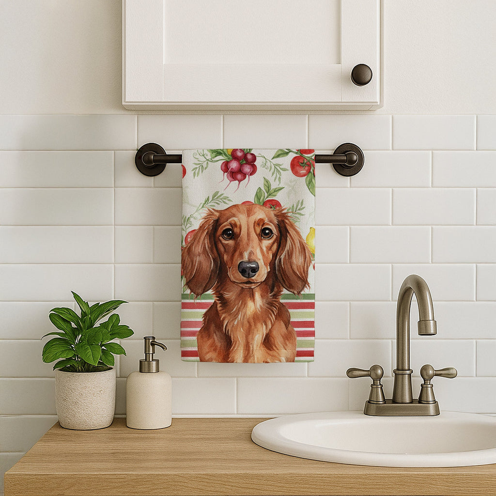 Longhaired Red Dachshund Vegetables Kitchen Towel Velour Plush Front and Cotton Loop Back Machine Washable