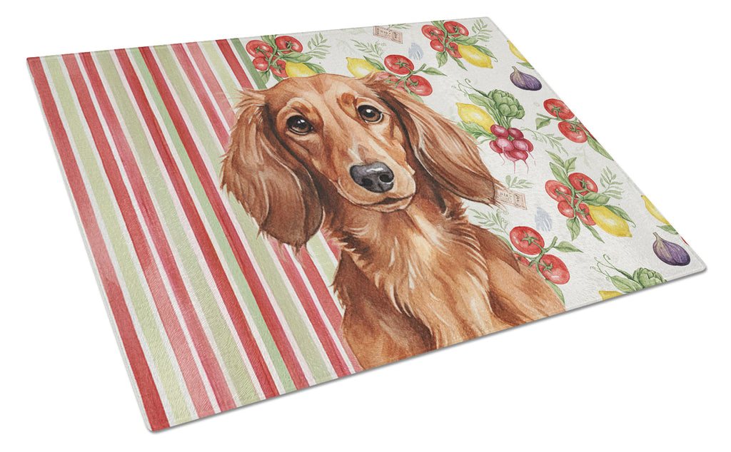 Longhaired Red Dachshund Vegetables Cutting Board Tempered Glass Kitchen Cutting Surface, Heat Resistant Chopping, Non-Slip Feet, Food Prep & Serving