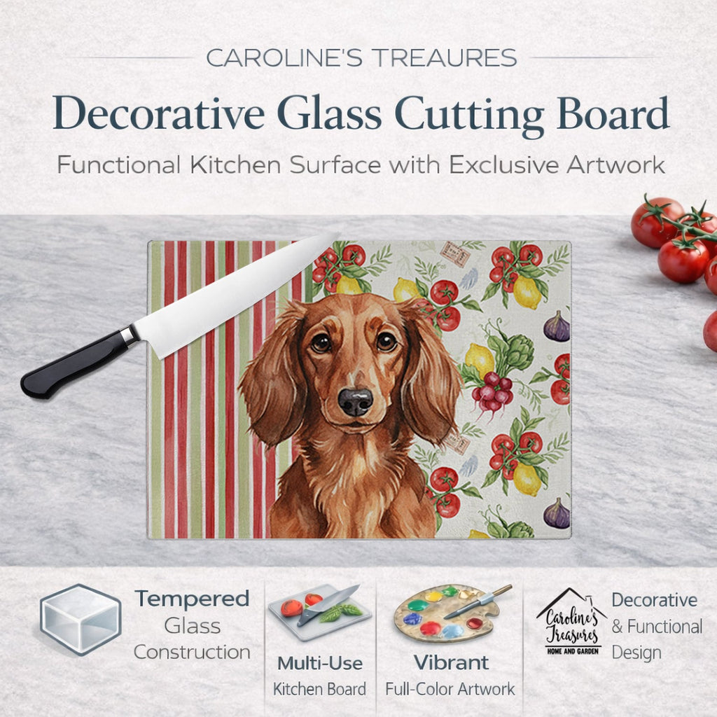 Longhaired Red Dachshund Vegetables Cutting Board Tempered Glass Kitchen Cutting Surface, Heat Resistant Chopping, Non-Slip Feet, Food Prep & Serving