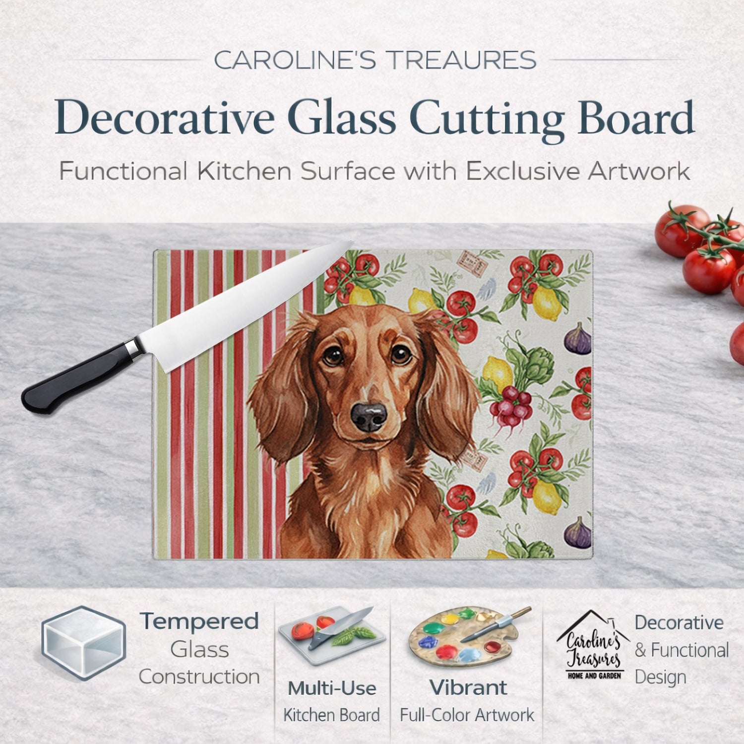 Longhaired Red Dachshund Vegetables Cutting Board Tempered Glass Kitchen Cutting Surface, Heat Resistant Chopping, Non-Slip Feet, Food Prep & Serving
