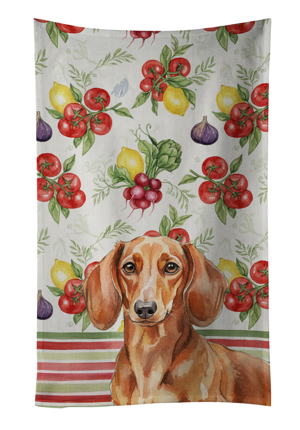 Red Brown Dachshund Vegetables Kitchen Towel Velour Plush Front and Cotton Loop Back Machine Washable