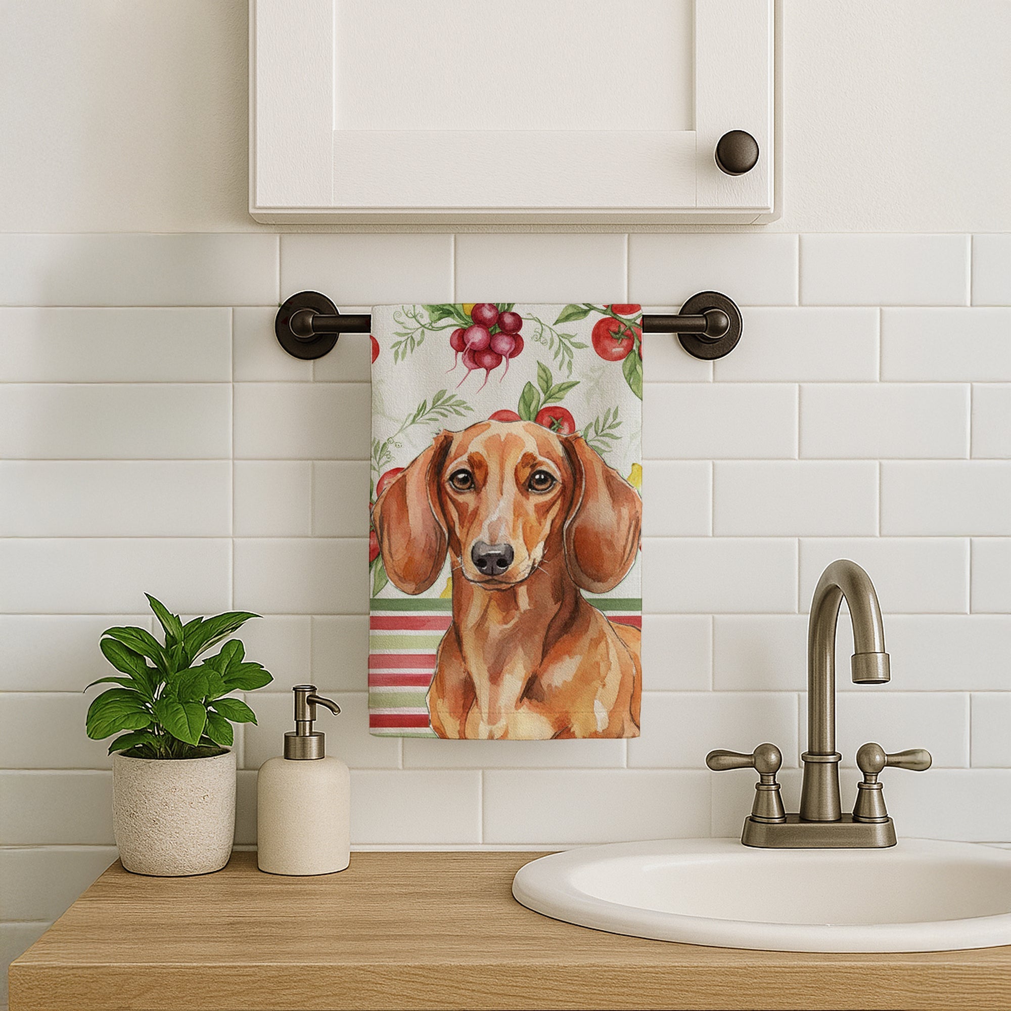 Red Brown Dachshund Vegetables Kitchen Towel Velour Plush Front and Cotton Loop Back Machine Washable