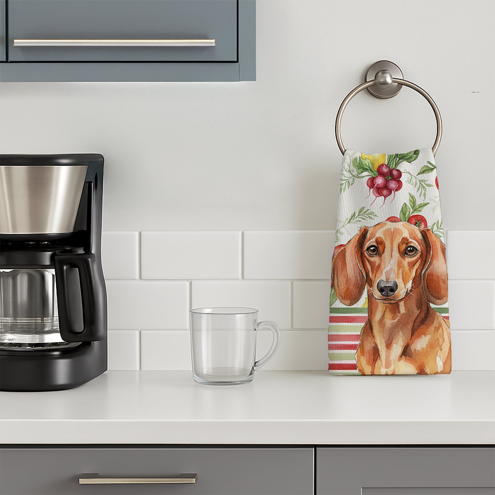 Red Brown Dachshund Vegetables Kitchen Towel Velour Plush Front and Cotton Loop Back Machine Washable
