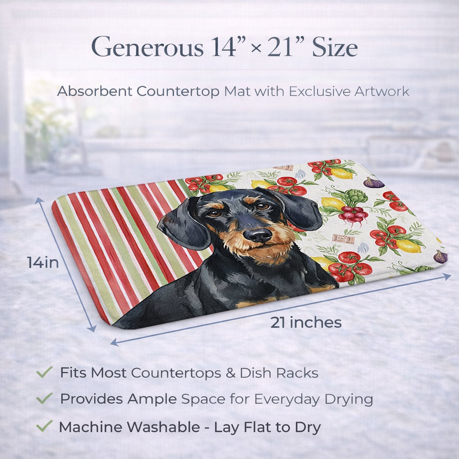 Wirehaired Black and Tan Dachshund Vegetables Dish Drying Mat Absorbent Dish Drying Mat Pad for Kitchen Counter Dish Drainer Mat for Countertop, 14 x 21", Multicolor