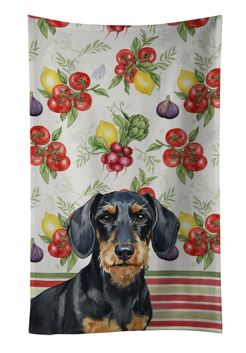 Wirehaired Black and Tan Dachshund Vegetables Kitchen Towel Velour Plush Front and Cotton Loop Back Machine Washable