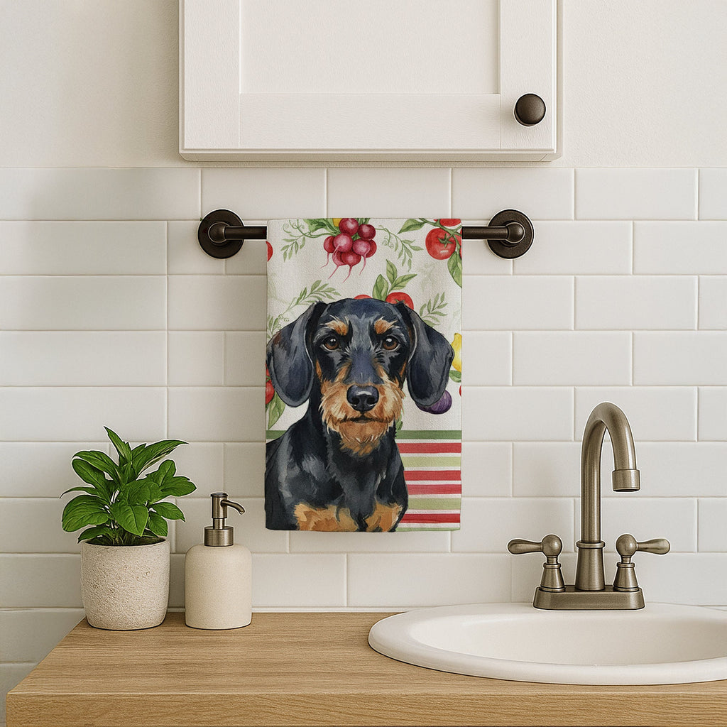 Wirehaired Black and Tan Dachshund Vegetables Kitchen Towel Velour Plush Front and Cotton Loop Back Machine Washable