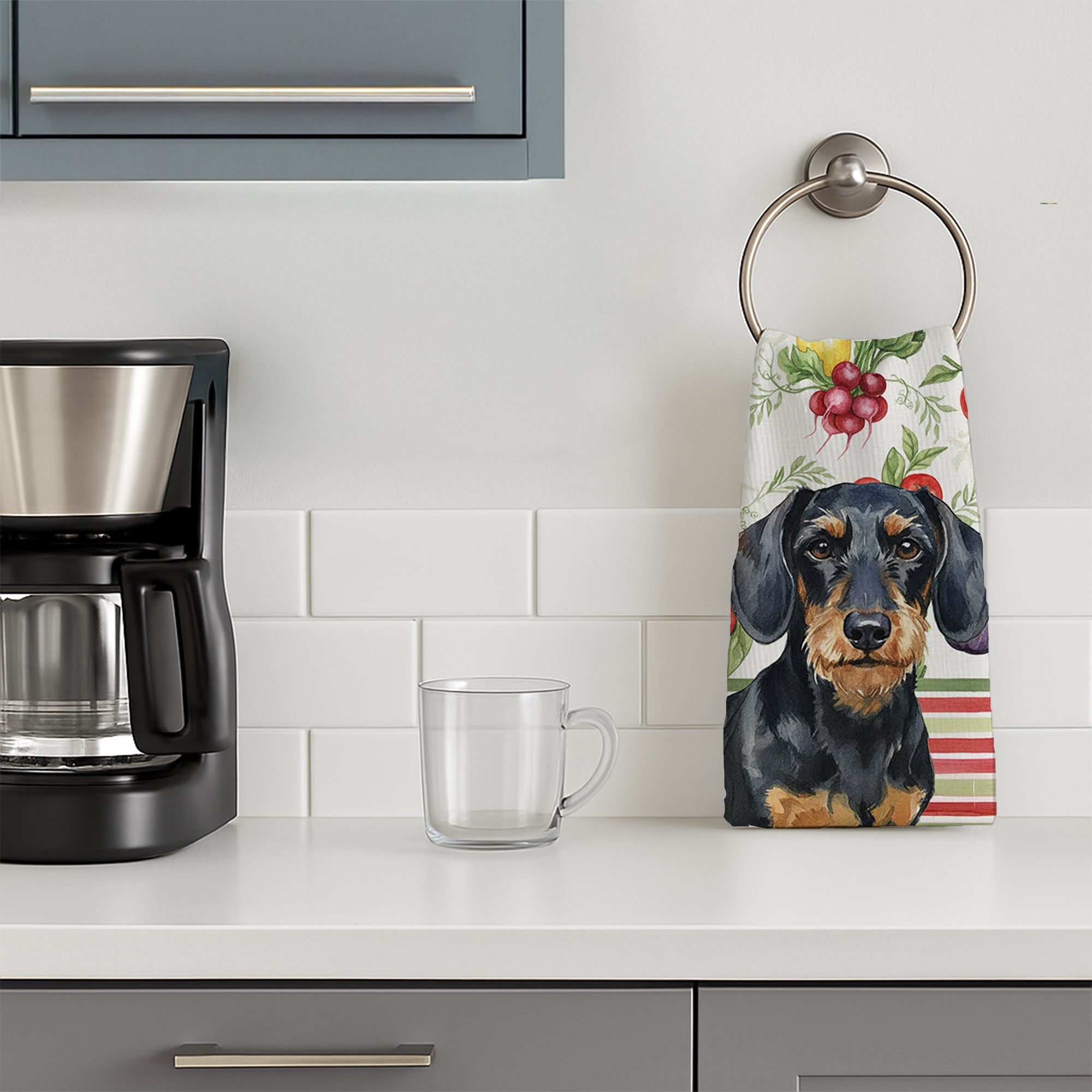 Wirehaired Black and Tan Dachshund Vegetables Kitchen Towel Velour Plush Front and Cotton Loop Back Machine Washable