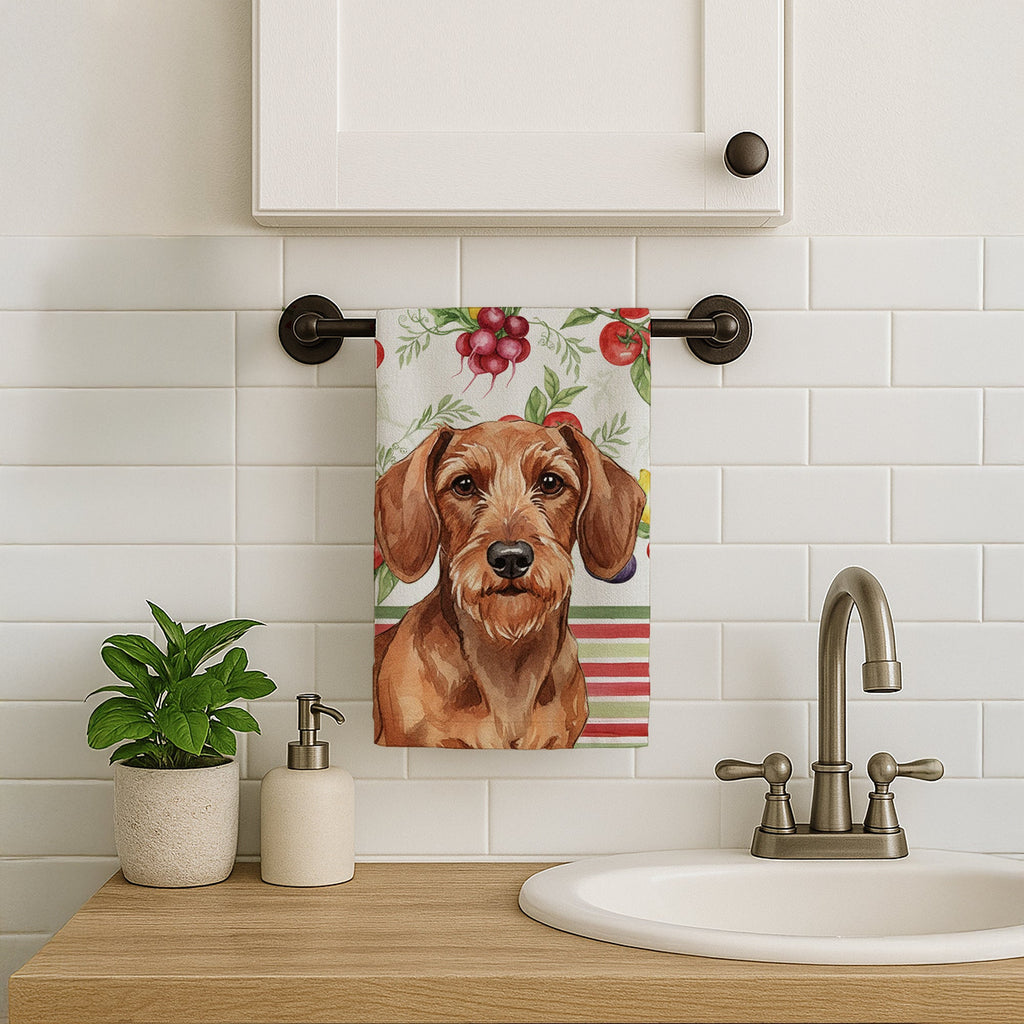 Wirehaired Red Dachshund Vegetables Kitchen Towel Velour Plush Front and Cotton Loop Back Machine Washable