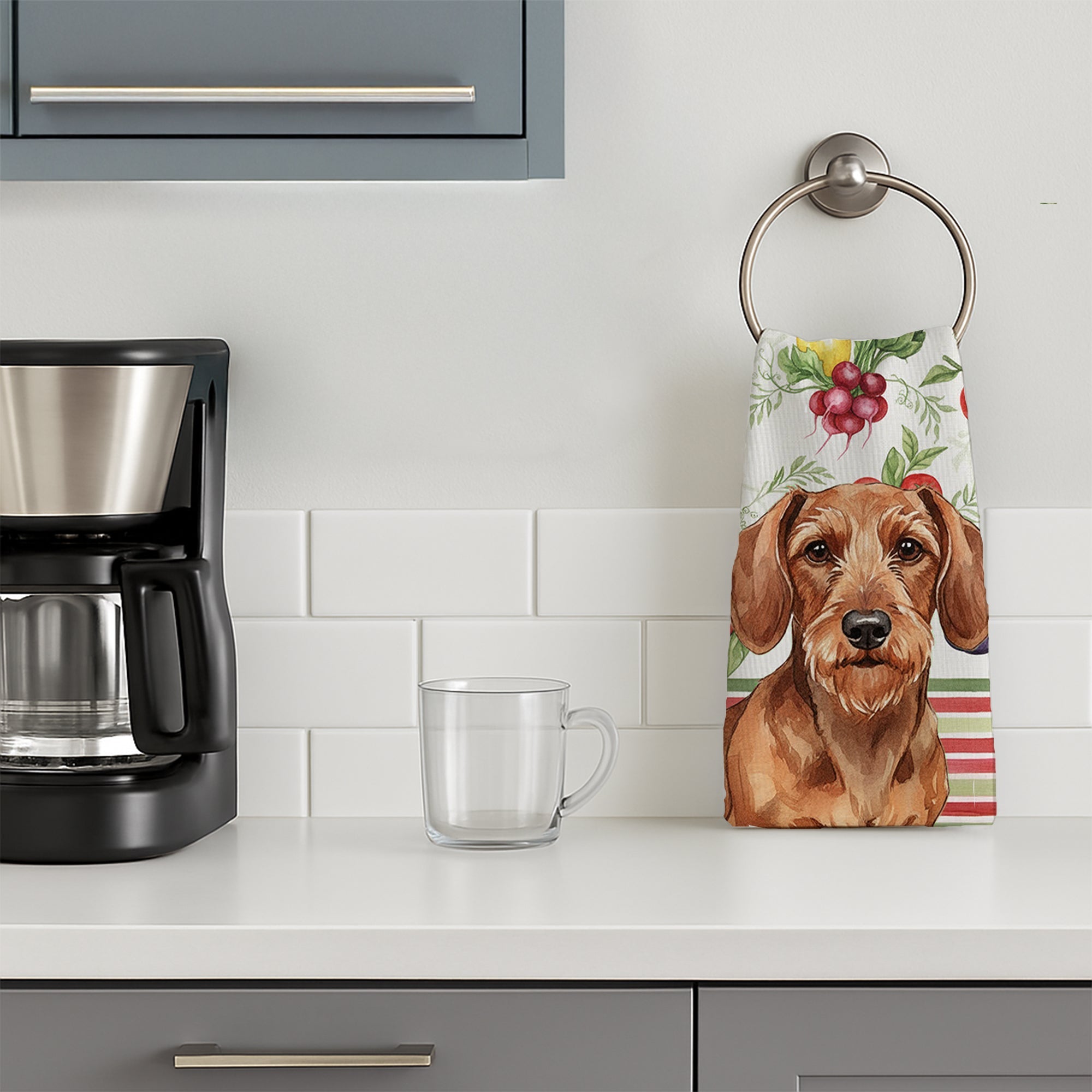 Wirehaired Red Dachshund Vegetables Kitchen Towel Velour Plush Front and Cotton Loop Back Machine Washable